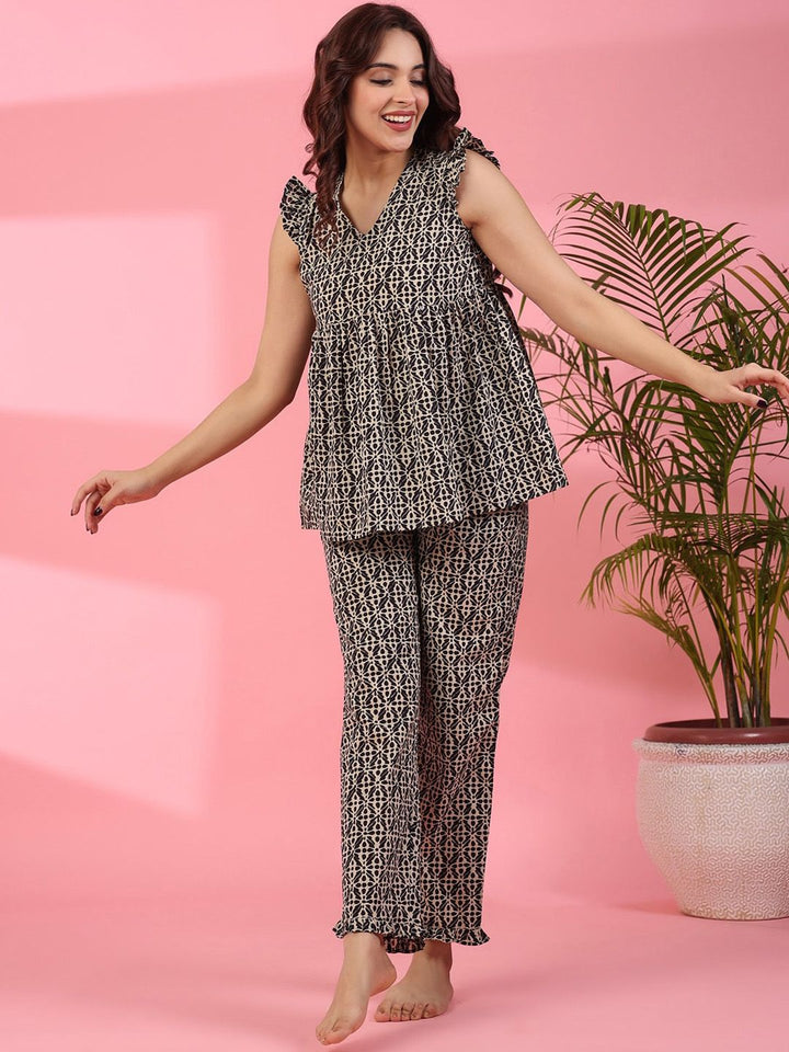 SANSKRUTIHOMES Geometric Printed Pure Cotton Night Suit