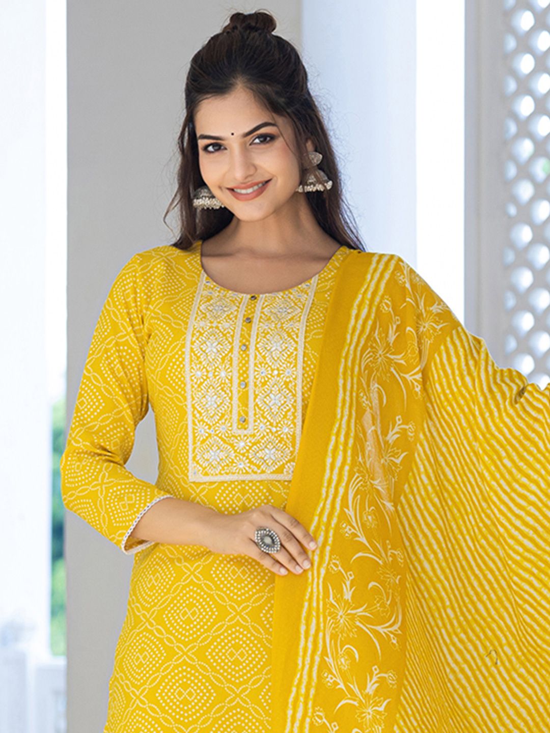 KALINI Bandhani Printed Regular Mirror Work Kurta With Trousers & Dupatta