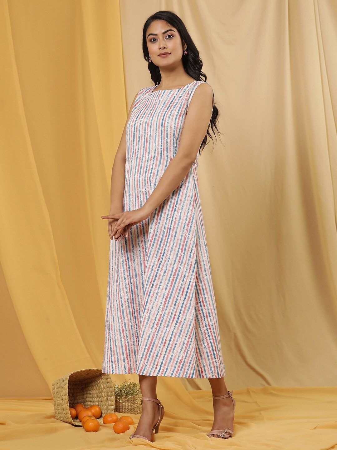 W Striped Boat Neck A-Line Dress
