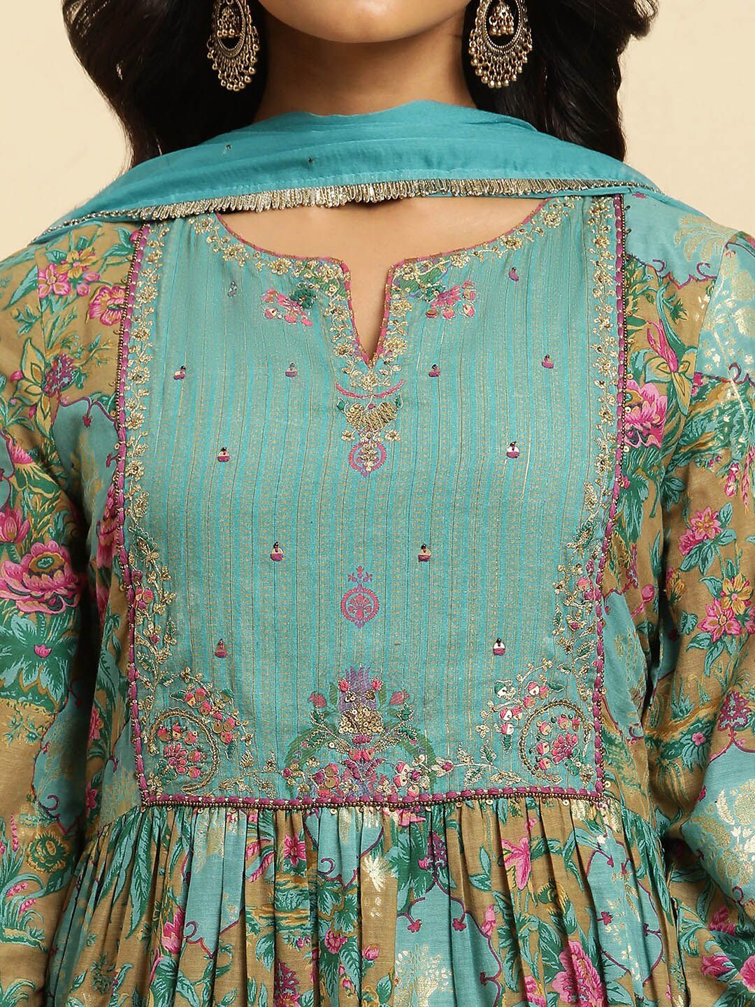 W Floral Print Cotton Kurta With Straight Pant & Dupatta