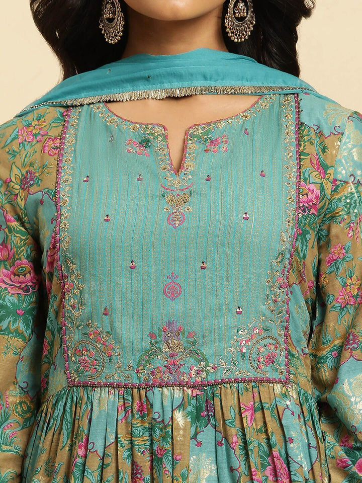 W Floral Print Cotton Kurta With Straight Pant & Dupatta