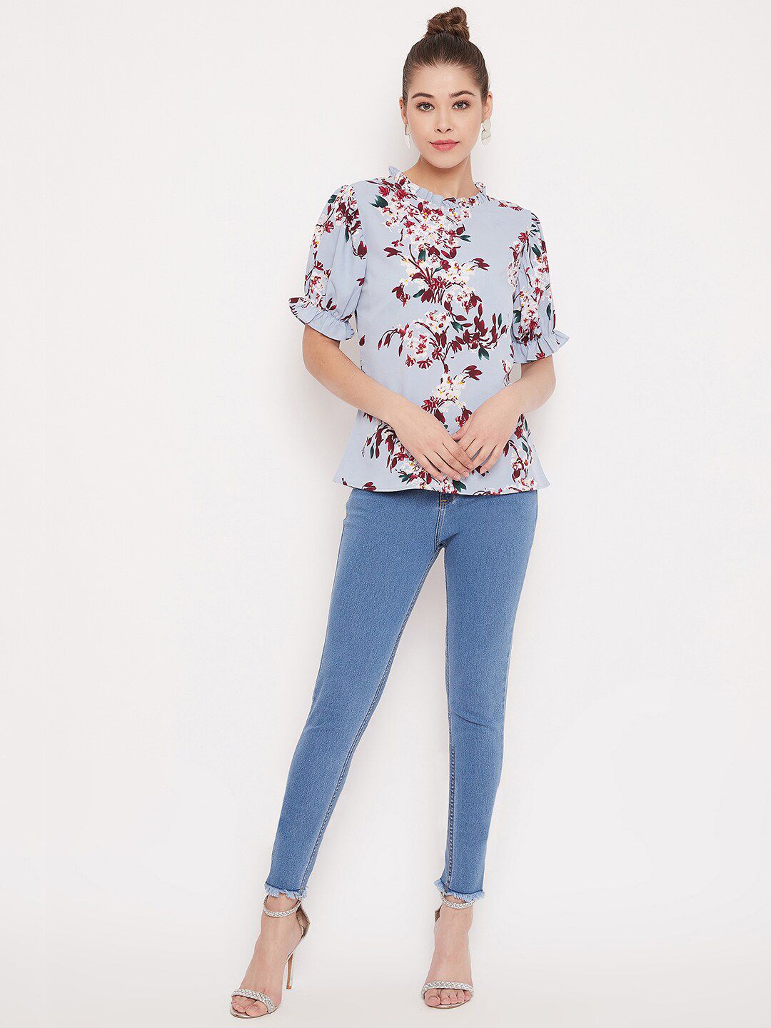 Berrylush Blue Floral Printed High Neck Top
