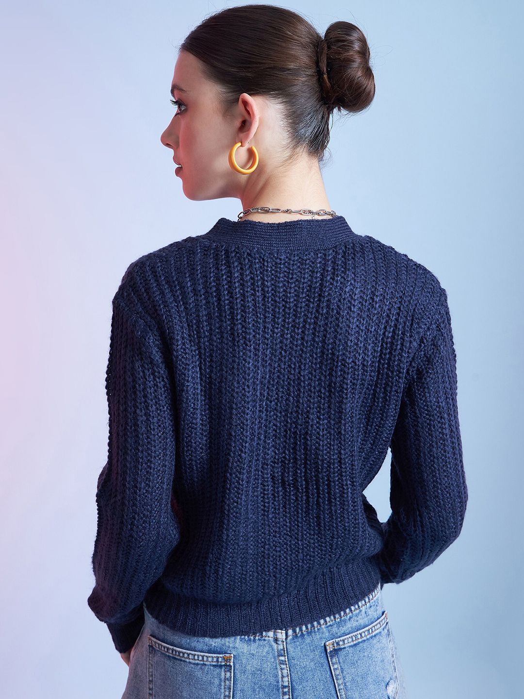 STREET 9 Blue Ribbed Cardigan Acrylic Sweater