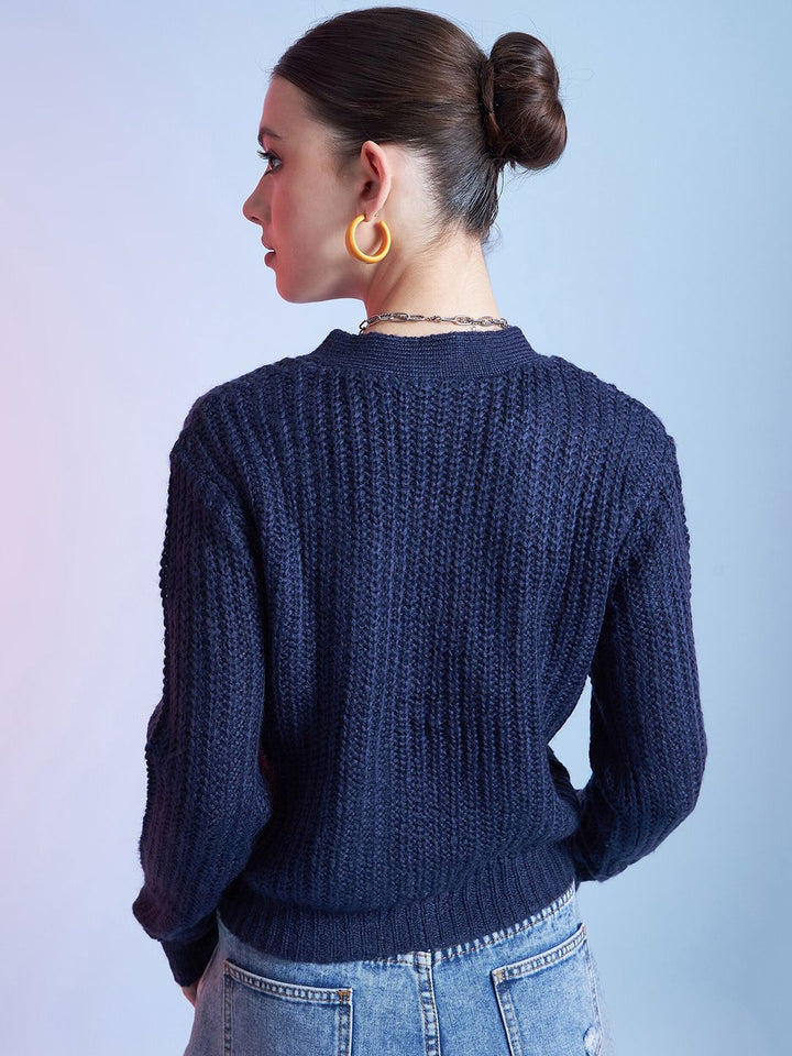 STREET 9 Blue Ribbed Cardigan Acrylic Sweater