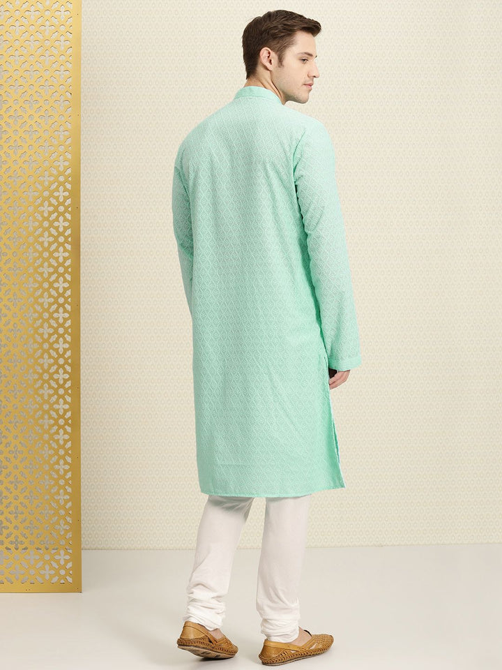 House of Pataudi Men Turquoise Blue Chikankari Embroidered Straight Kurta