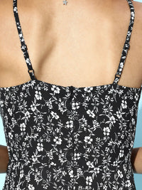 Berrylush Women Stylish Black Floral Sweetheart Neck Dress