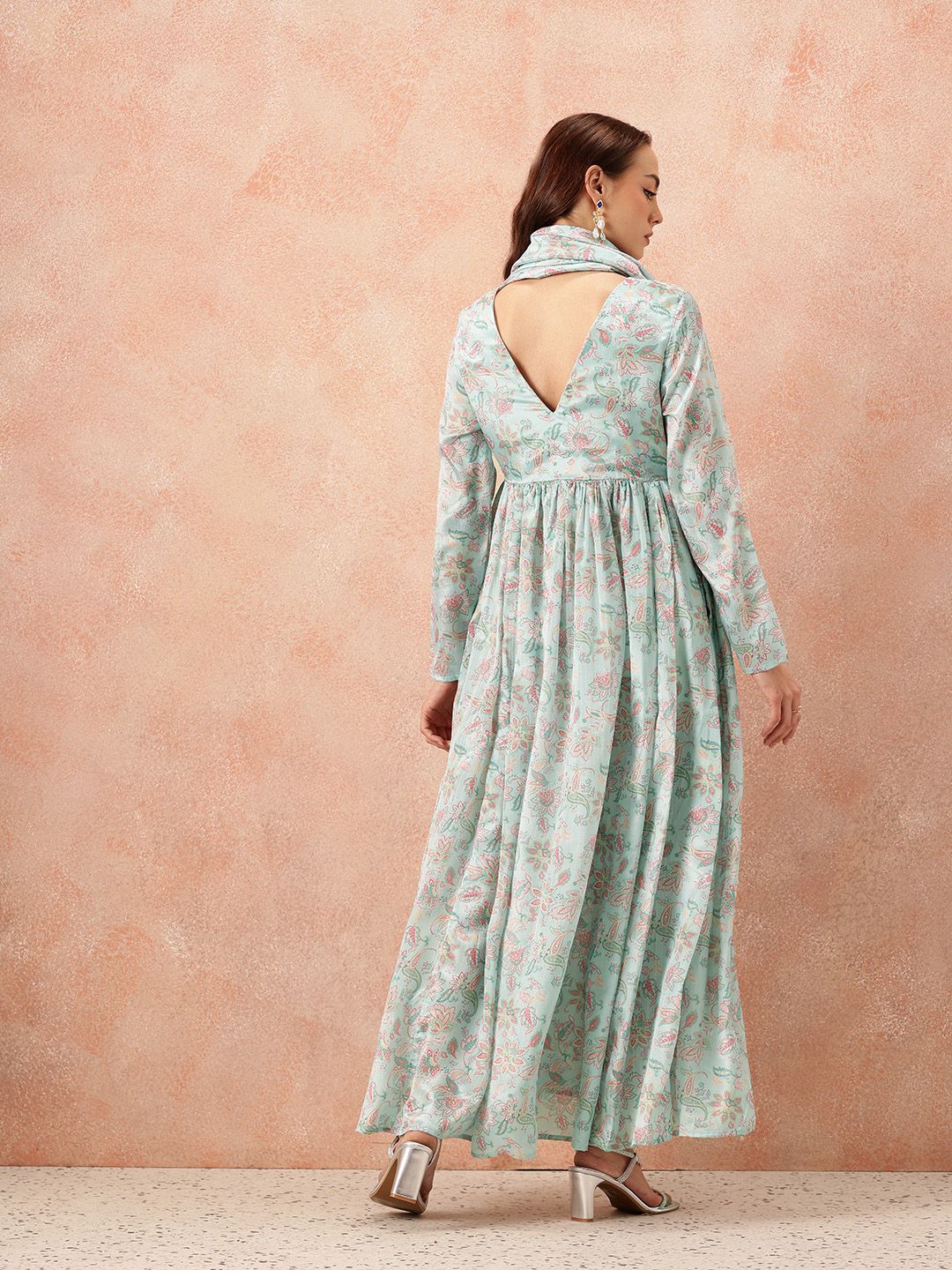 all about you Ethnic Motifs Printed Satin-Finish Festive Maxi Empire Dress with Scarf