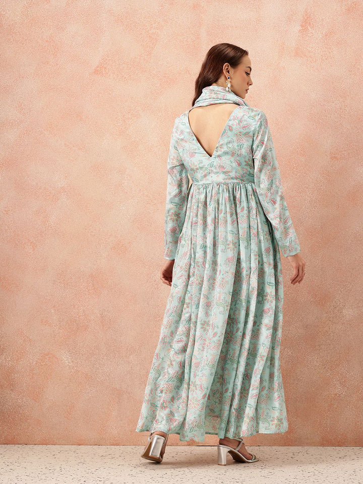all about you Ethnic Motifs Printed Satin-Finish Festive Maxi Empire Dress with Scarf
