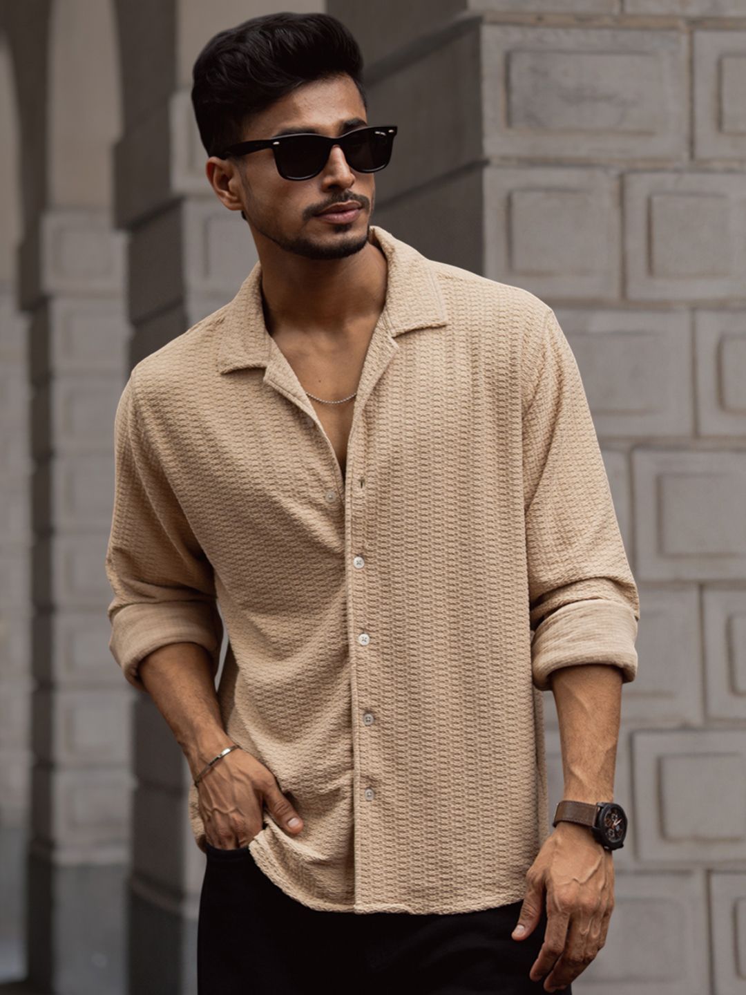 Powerlook Men Cuban Collar Textured Relaxed Fit Casual Shirt