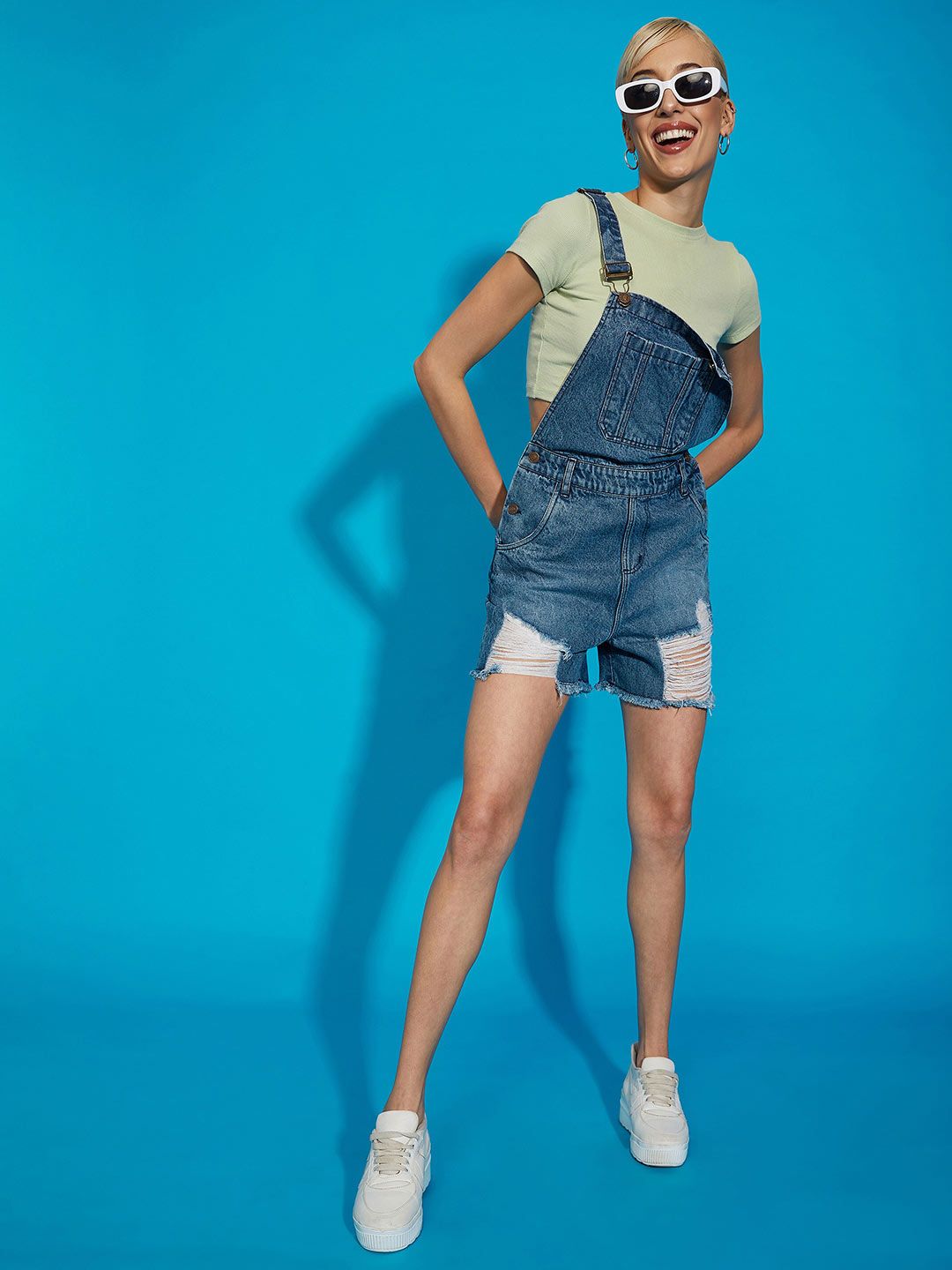 SASSAFRAS Women Blue Casual Denim Distressed Dungaree