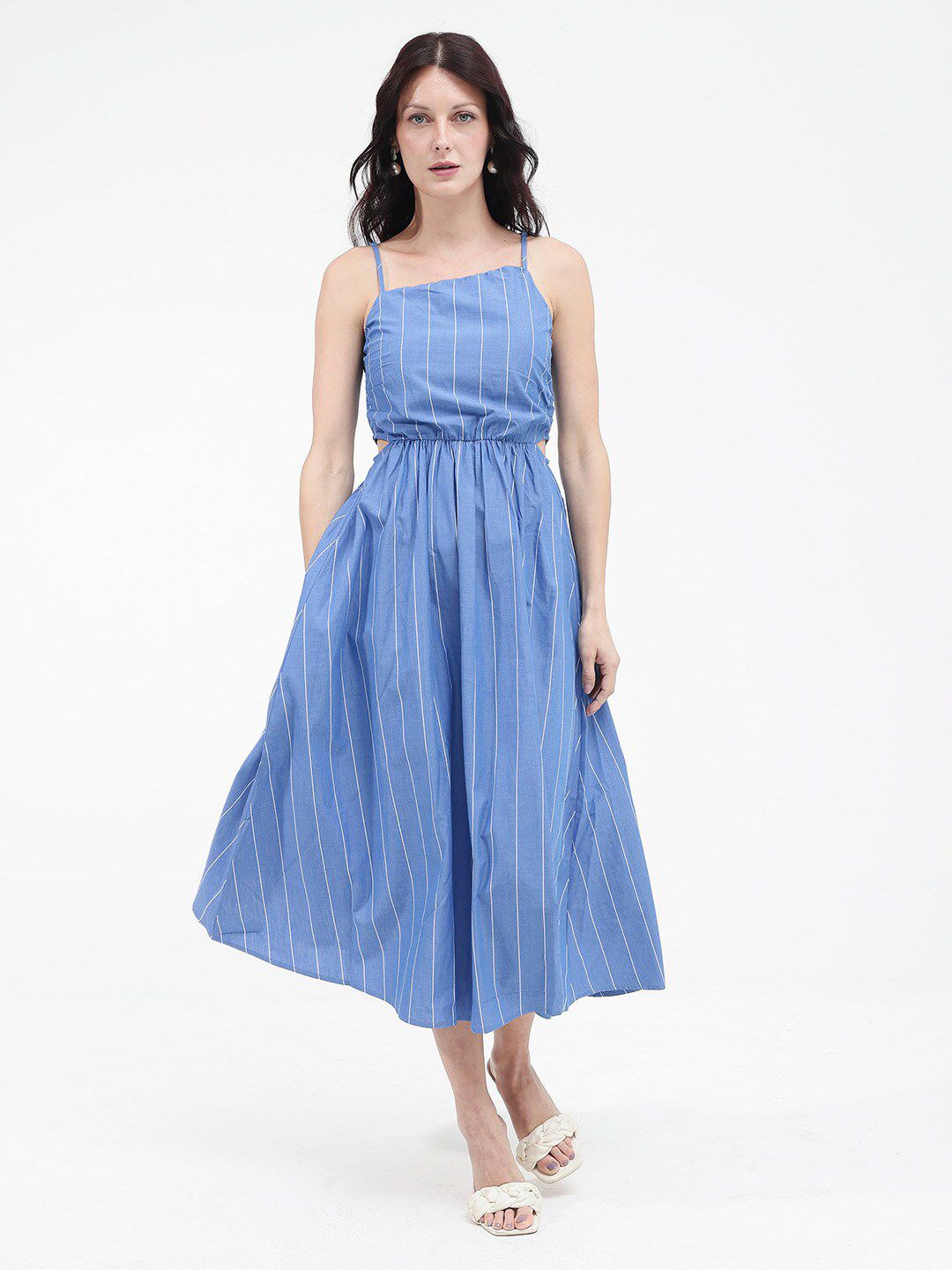 RAREISM Women Cotton Blue Striped Fit & Flare Shoulder Straps Midi Dress