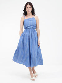 RAREISM Women Cotton Blue Striped Fit & Flare Shoulder Straps Midi Dress