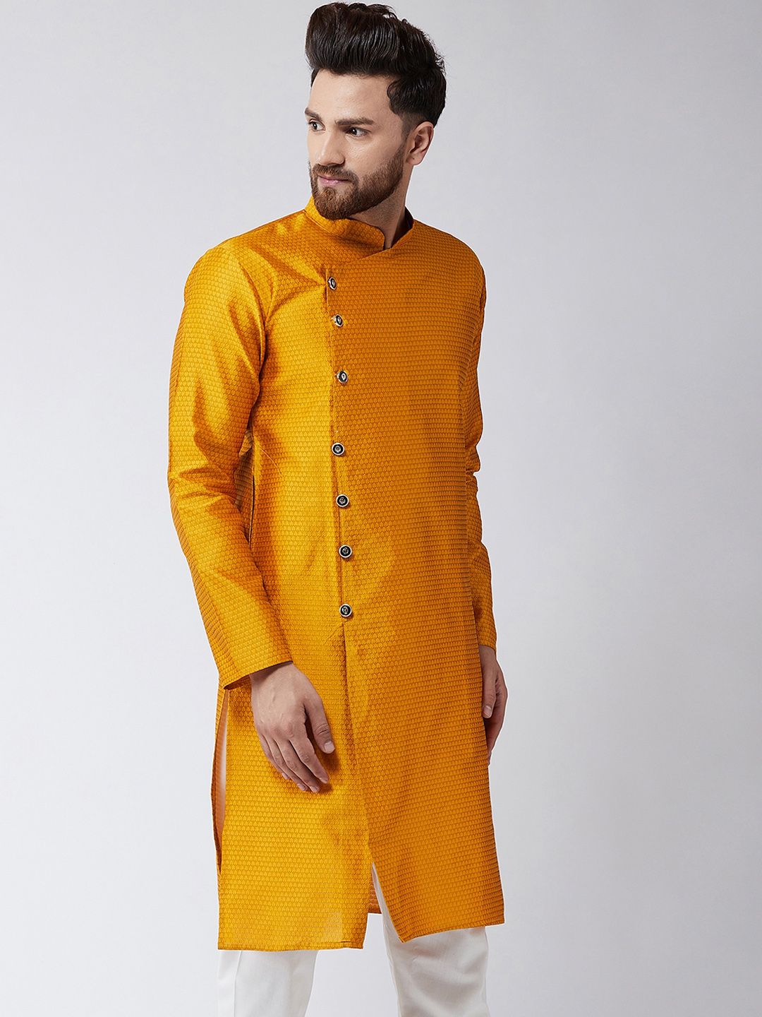 SOJANYA Lelaki Mustard Tenun Kuning Design Kurta Lurus