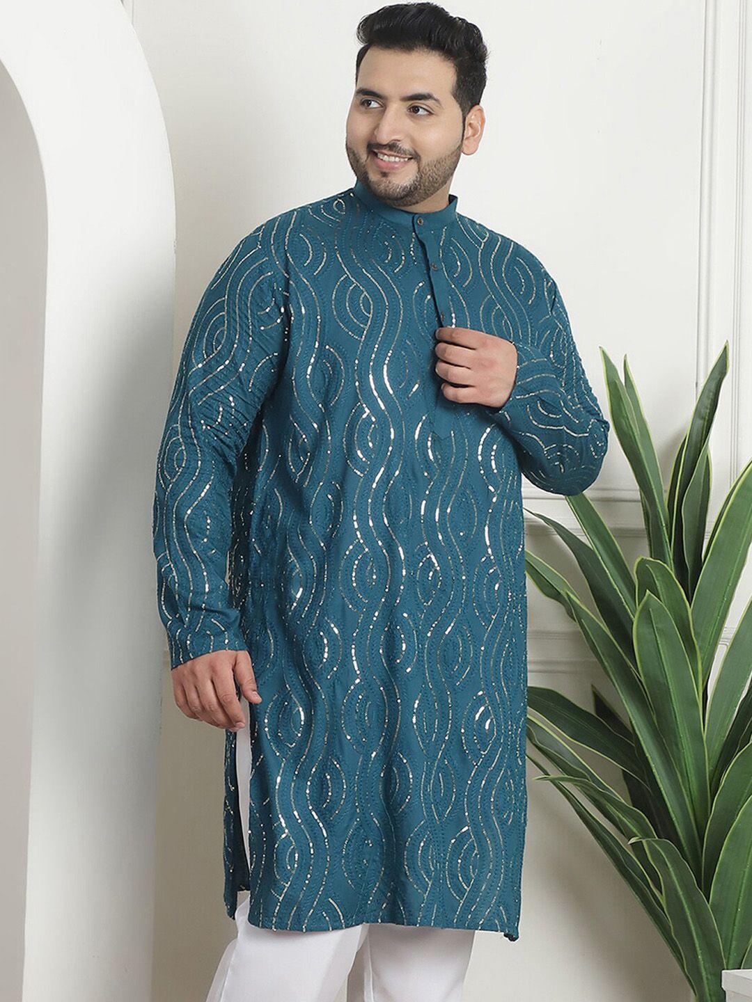 SOJANYA PLUS PLus Size Ethnic Motifs Embroidered Band Collar Long Sleeves Straight Kurta
