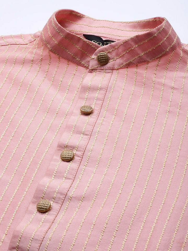 SOJANYA Men Pink  & Beige Striped Thread Work Straight Kurta Churidar Nehru Jacket