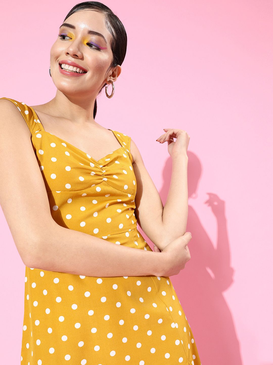Berrylush Women Bright Yellow Polka Dots Sweetheart Neck Dress