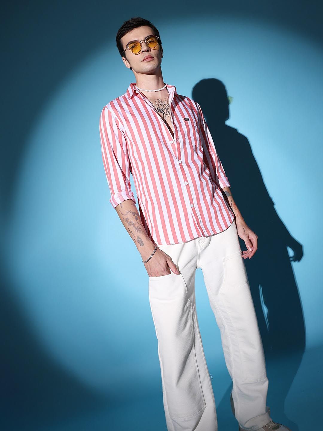 The Indian Garage Co Pink Slim Fit Vertical Striped Spread Collar Cotton Casual Shirt