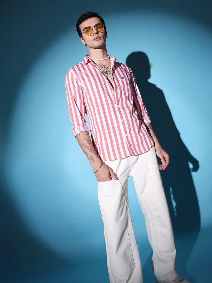 The Indian Garage Co Pink Slim Fit Vertical Striped Spread Collar Cotton Casual Shirt
