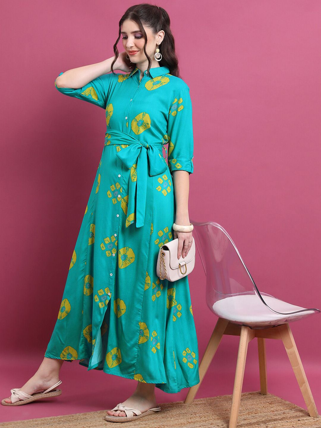 Vishudh Turquoise Blue Geometric Printed Tie Ups Detail Shirt Style Dress