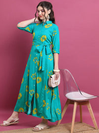 Vishudh Turquoise Blue Geometric Printed Tie Ups Detail Shirt Style Dress