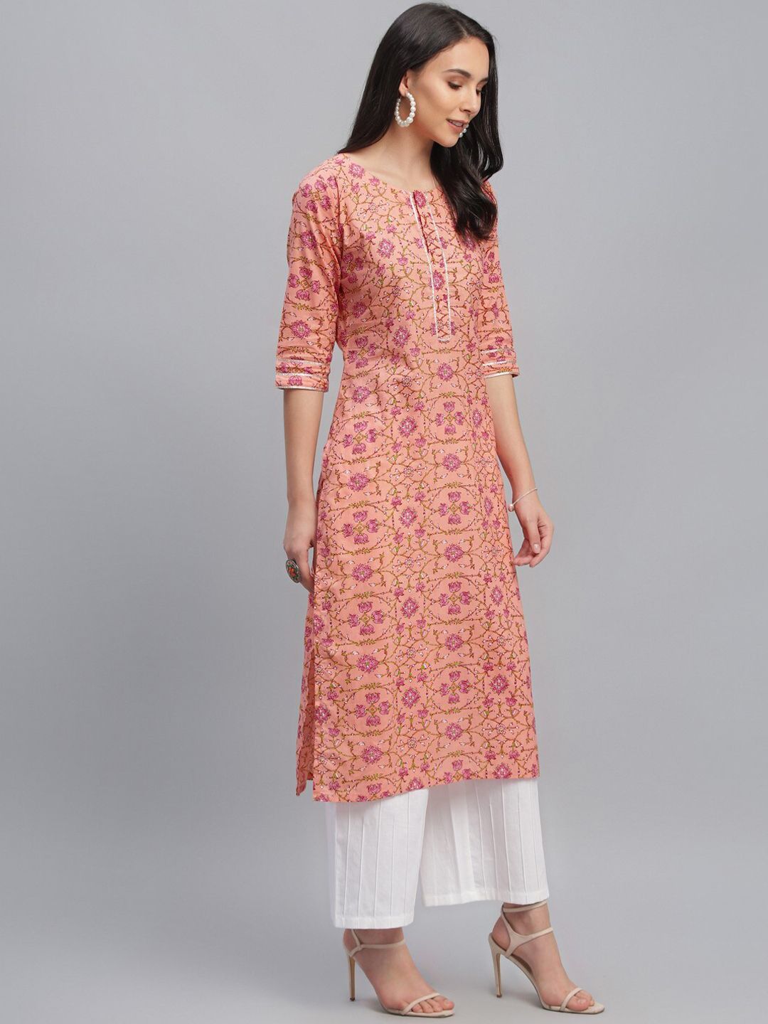 Libas Women Peach & Pink Floral Print Straight Kurta