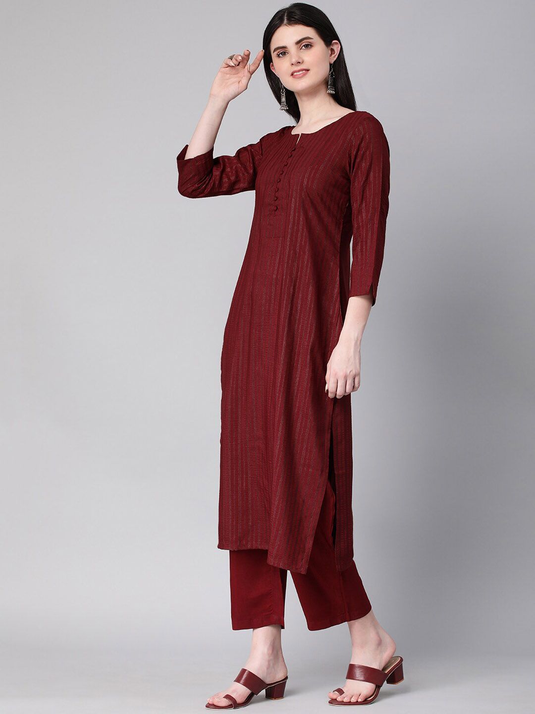 KALINI Striped Round Neck Three-Quarter Sleeves Thread Work Kurta with Trousers