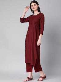 KALINI Striped Round Neck Three-Quarter Sleeves Thread Work Kurta with Trousers