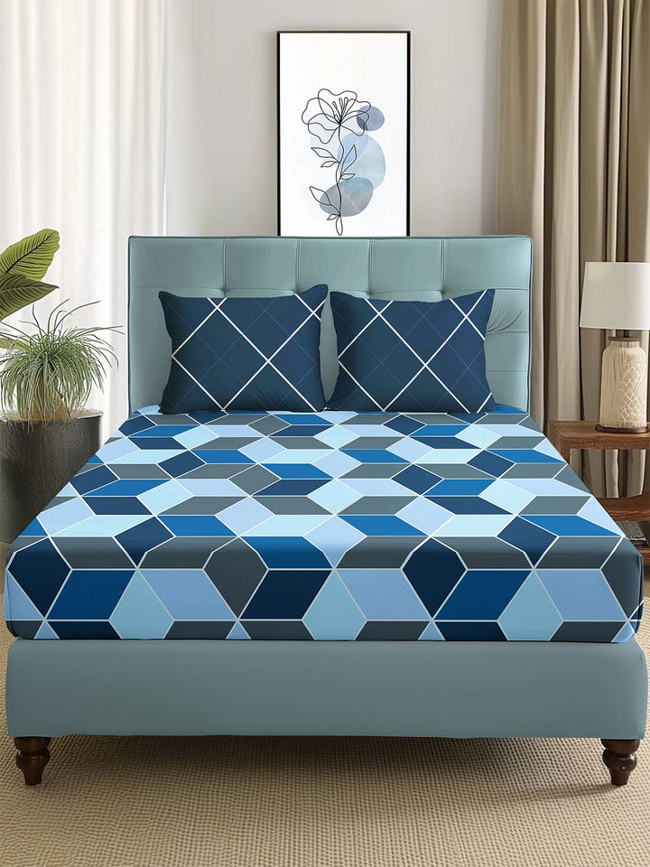 Story@home  Arena Blue & Grey Geometric Printed 180 TC Queen Bedsheet & 2 Pillow Covers