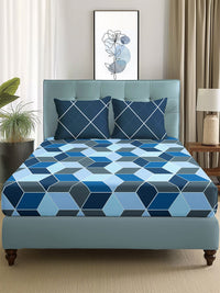 Story@home  Arena Blue & Grey Geometric Printed 180 TC Queen Bedsheet & 2 Pillow Covers