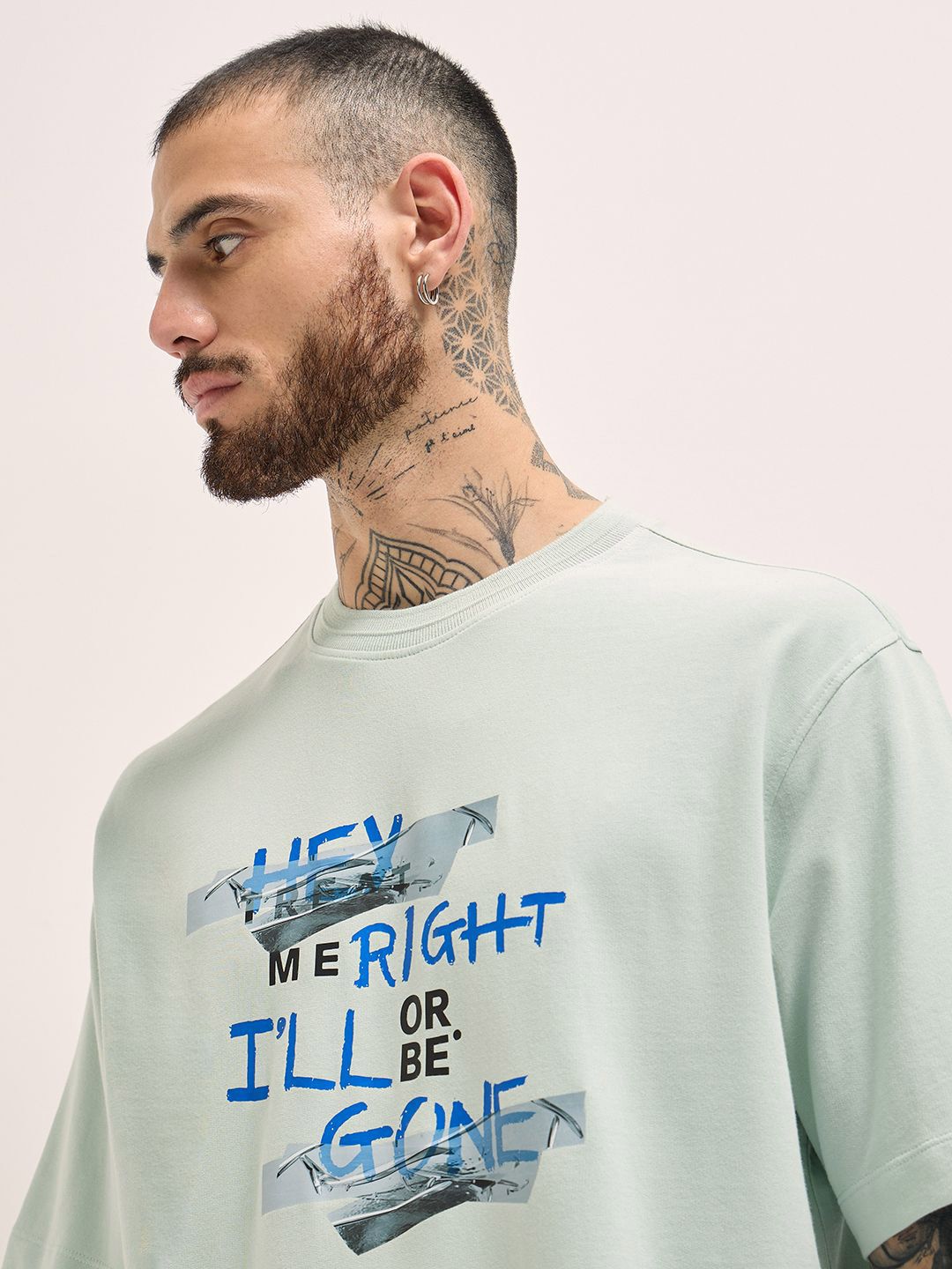 THE BEAR HOUSE Men Typography Printed Round Neck Cotton Oversized T-shirt