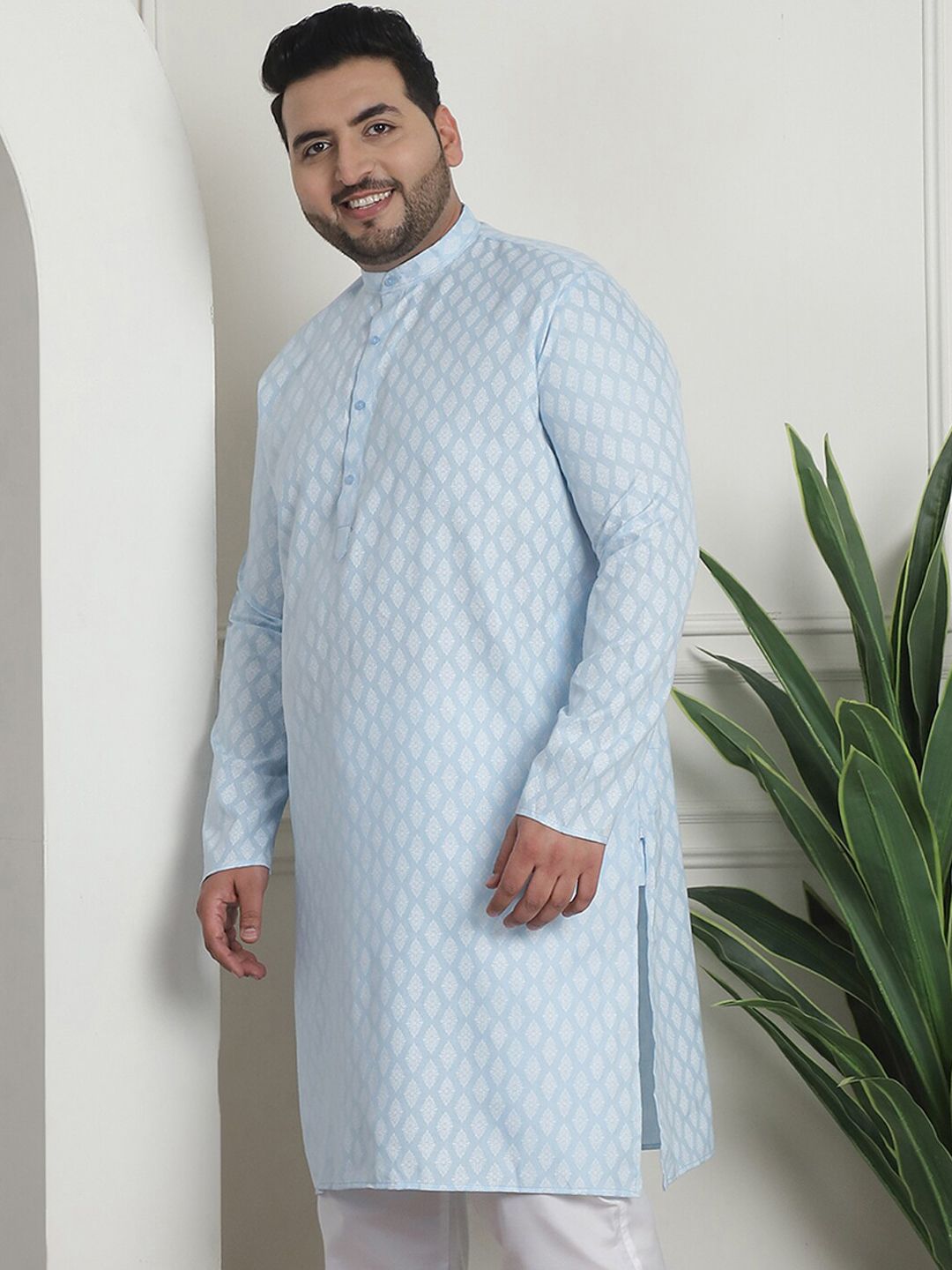 SOJANYA PLUS PLus Size Ethnic Motifs Printed Band Collar Long Sleeves Straight Kurta