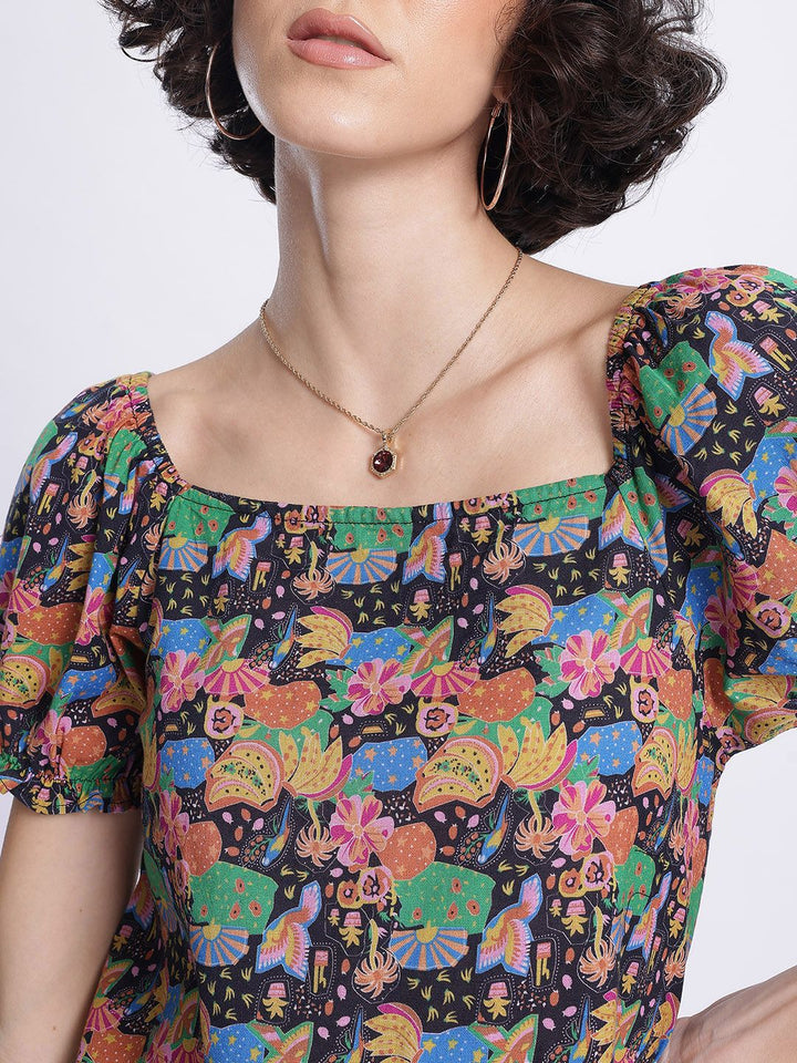 DressBerry Indie Vibe Printed Tie-Up Back A-Line Mini Dress