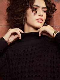 SASSAFRAS Black Open Knit Self Design Crop Acrylic Crochet Pullover Sweater