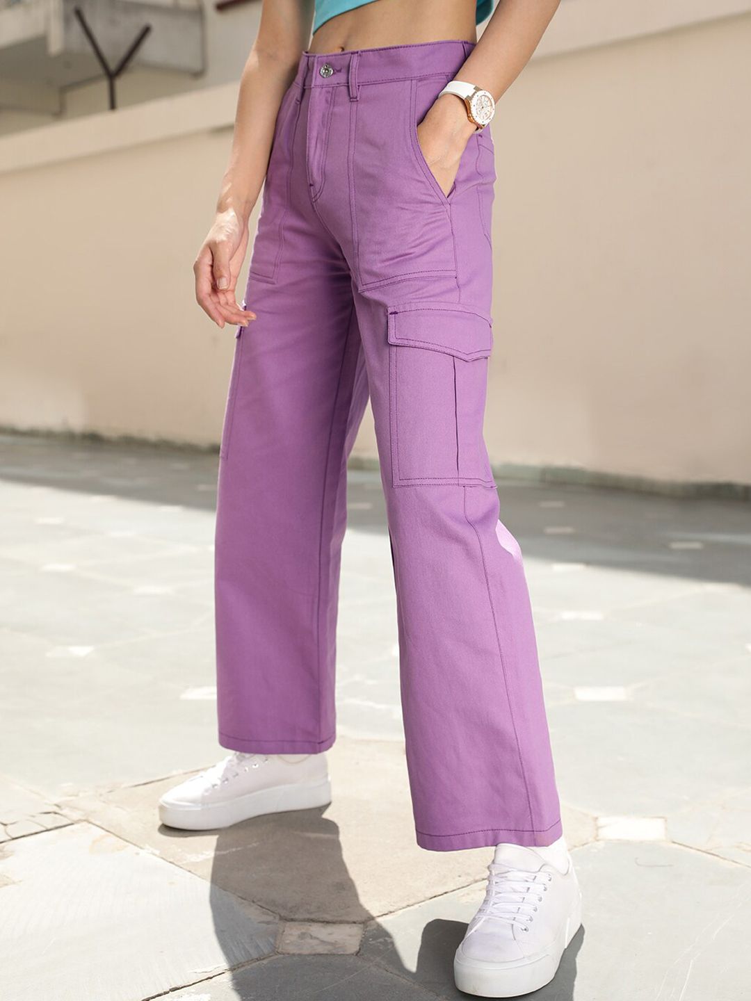 STREET 9 Women Lavender Relaxed High-Rise Cotton Cargo Trousers