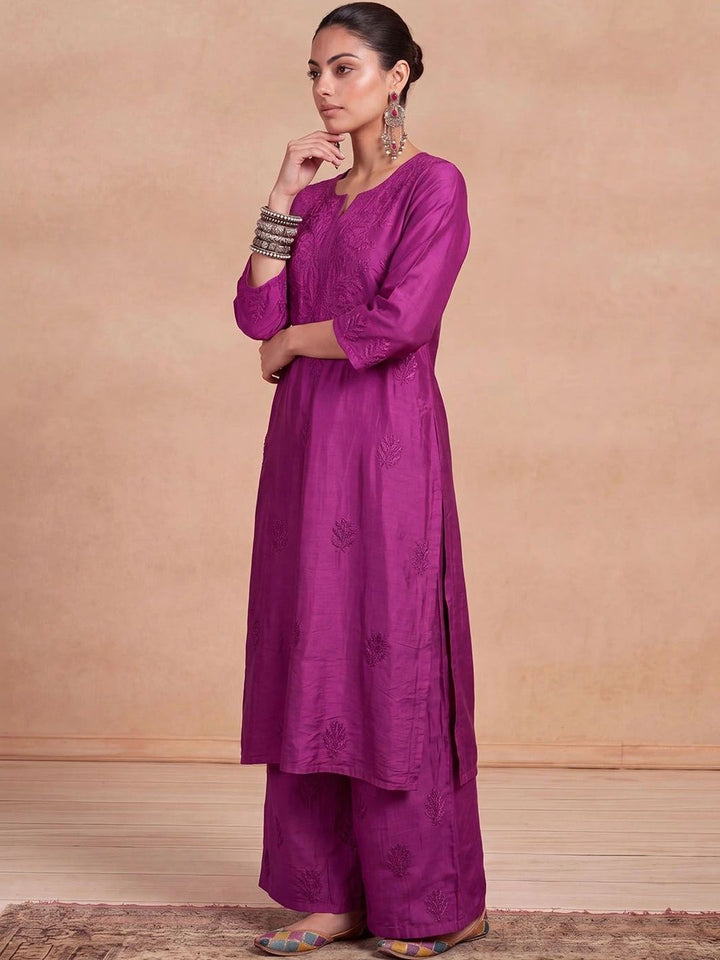 House of Chikankari Women Ethnic Motifs Embroidered Regular Thread Work Chanderi Silk Kurta with Palazzos