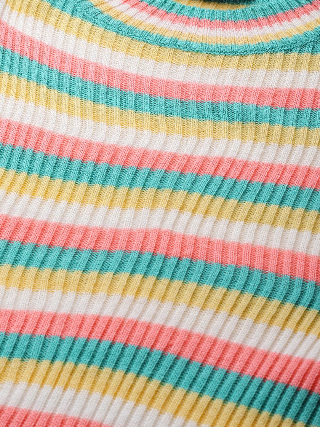DressBerry Women Yellow & Green Striped Ribbed Pullover