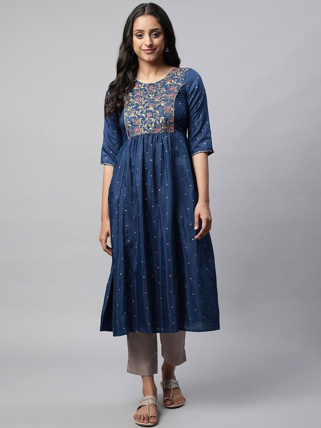 AURELIA Floral Eembroiderd  Sequined Pleated A-Line Kurta