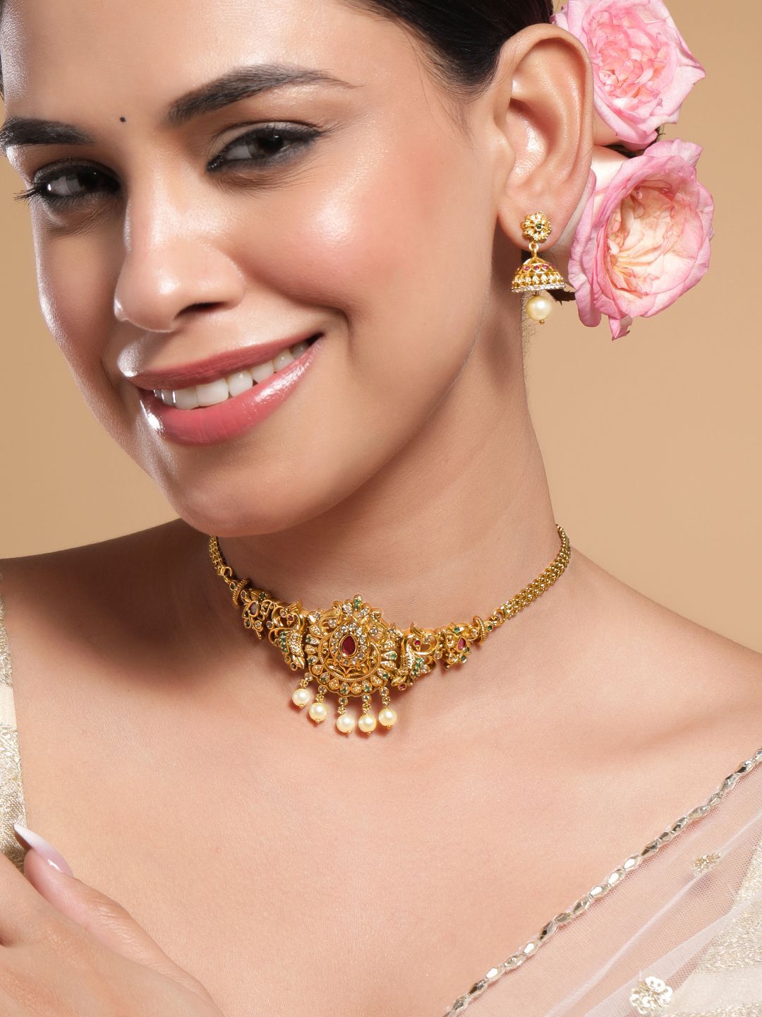 Rubans 22K Gold-Plated Ruby, Emerald & Cubic Zirconia Studded Choker Set with Pearl Drops