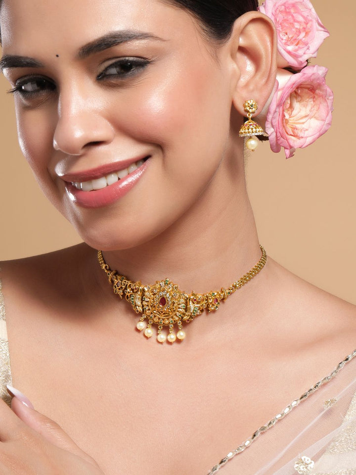 Rubans 22K Gold-Plated Ruby, Emerald & Cubic Zirconia Studded Choker Set with Pearl Drops