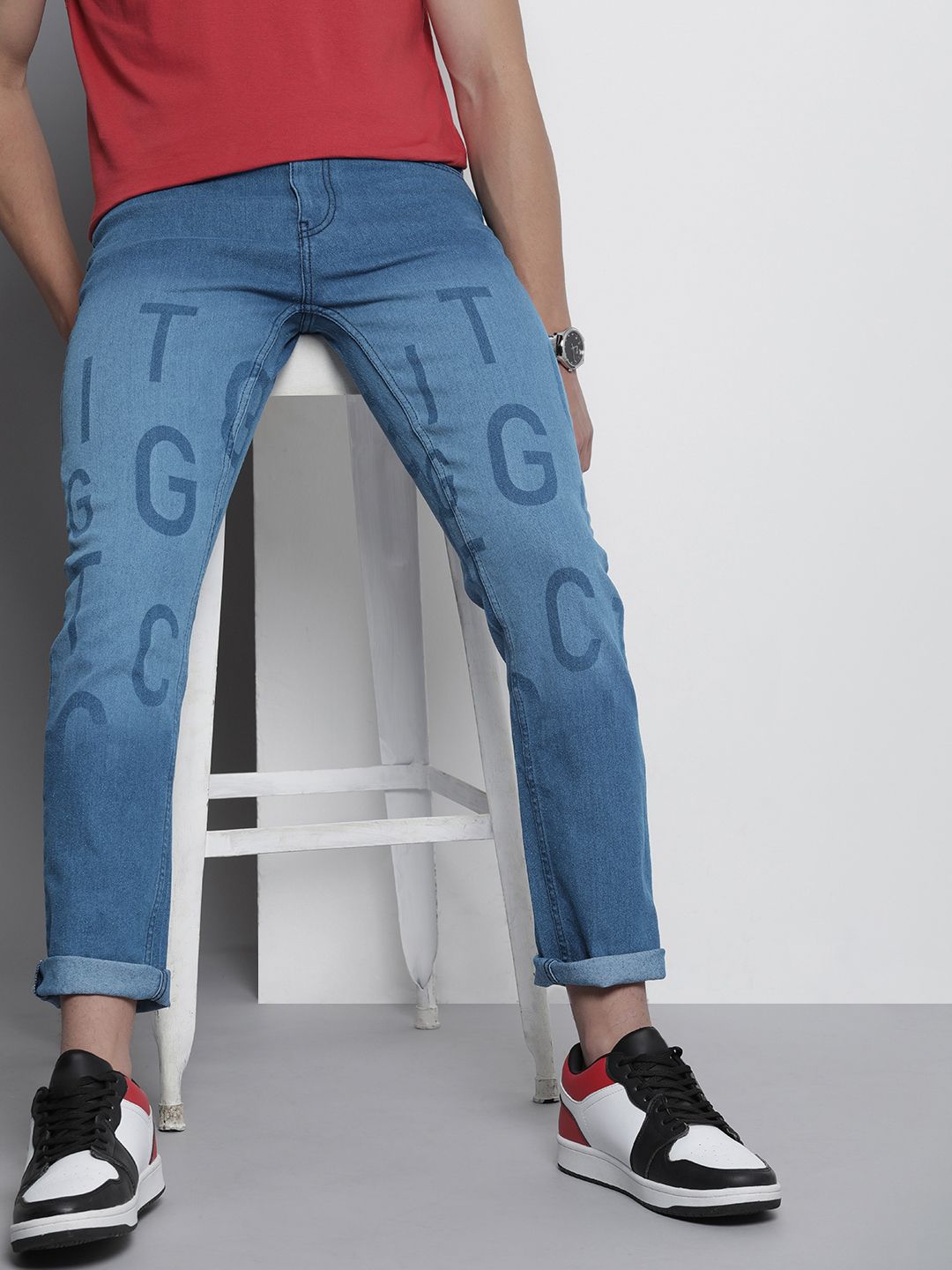 The Indian Garage Co Slim Fit Light Fade Printed Stretchable Jeans