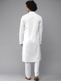 See Designs Men White Geometric Embroidered Chikankari Pure Cotton Kurta