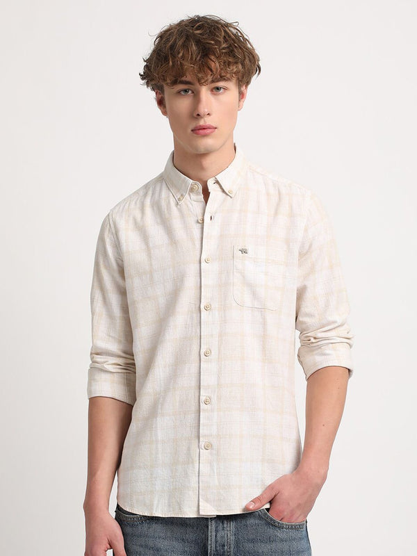 THE BEAR HOUSE Slim Fit Checked Cotton Linen Casual Shirt