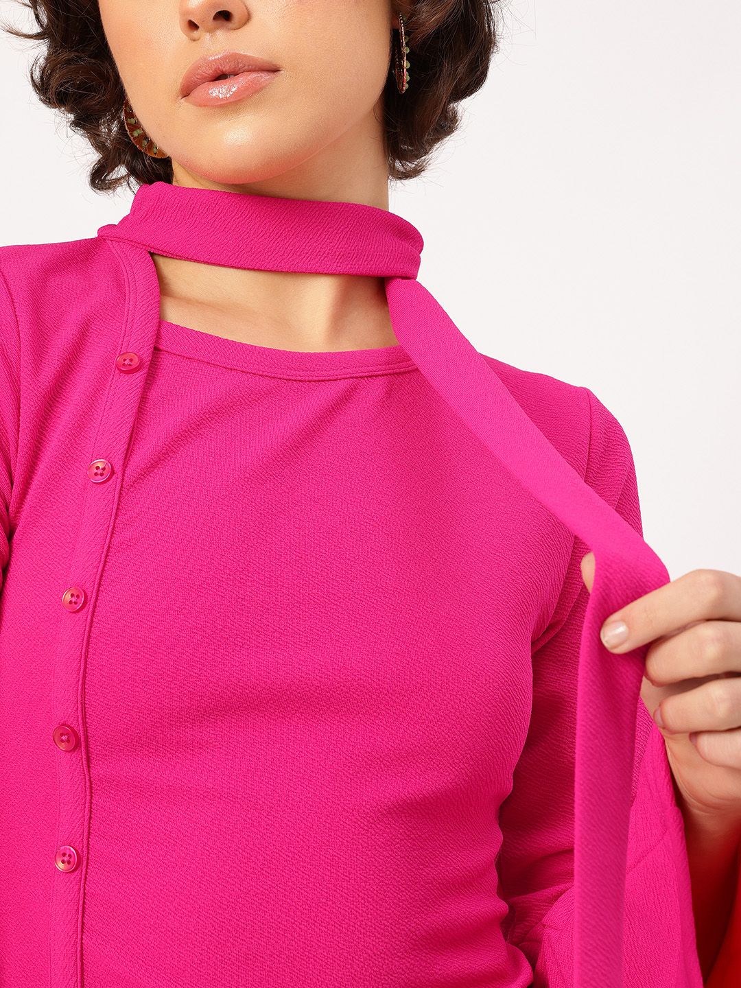 DressBerry Textured Motion Button Detail Scarf Neck Crop Top
