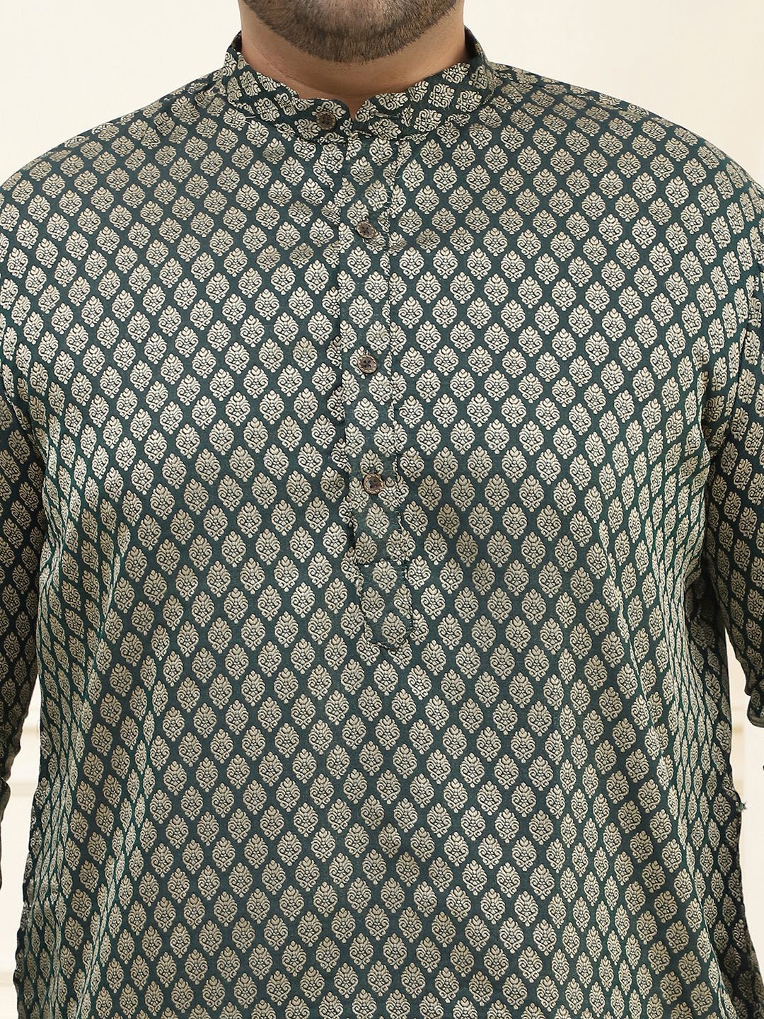 SOJANYA PLUS Men Bottle Green & Golden Jacquard Silk Woven Design Straight Kurta