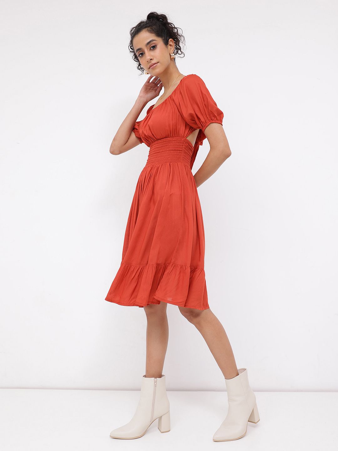 DressBerry Effortless Essence Smocked Waist Puff Sleeves A-line Dress
