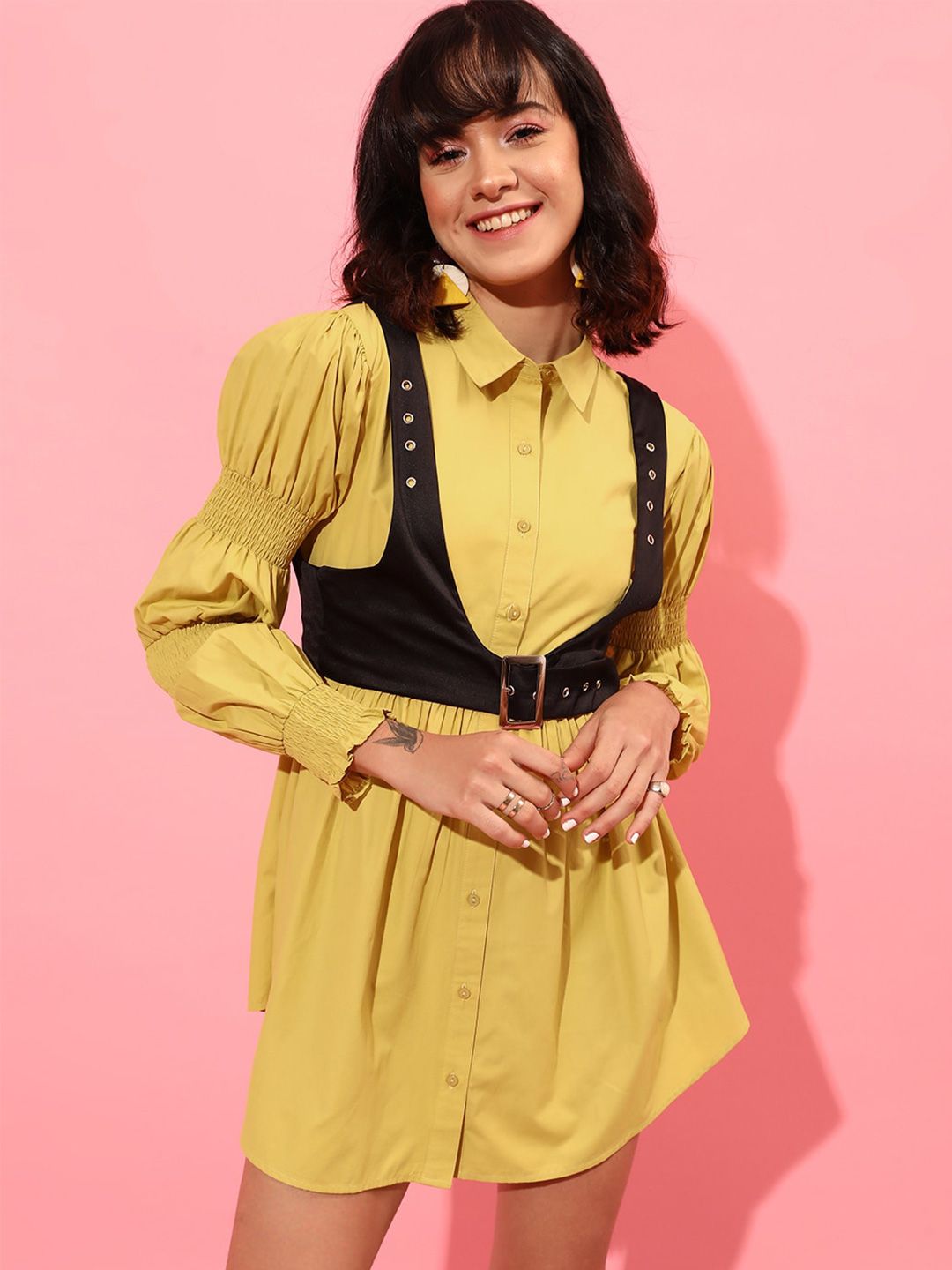 STREET 9 Puff Sleeves Pure Cotton Shirt Dress