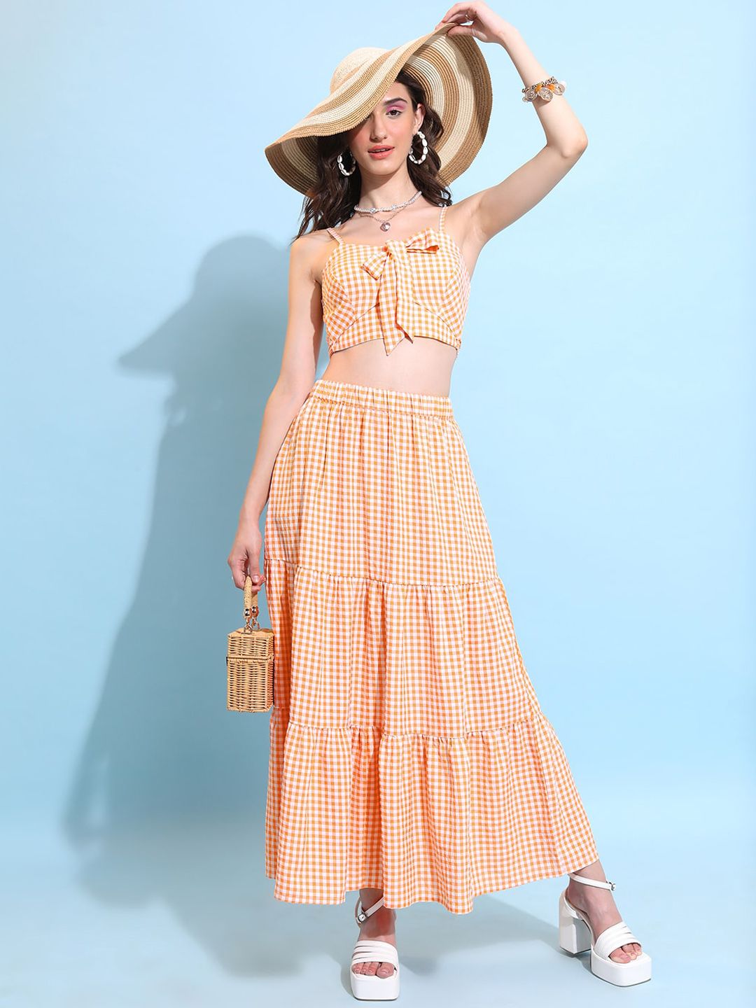 Tokyo Talkies Checked Cut Out Crop Fitted Top With Maxi Skirt