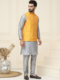 SOJANYA Men Grey & Mustard Yellow Kurta with Pyjamas & Woven Design Nehru Jacket