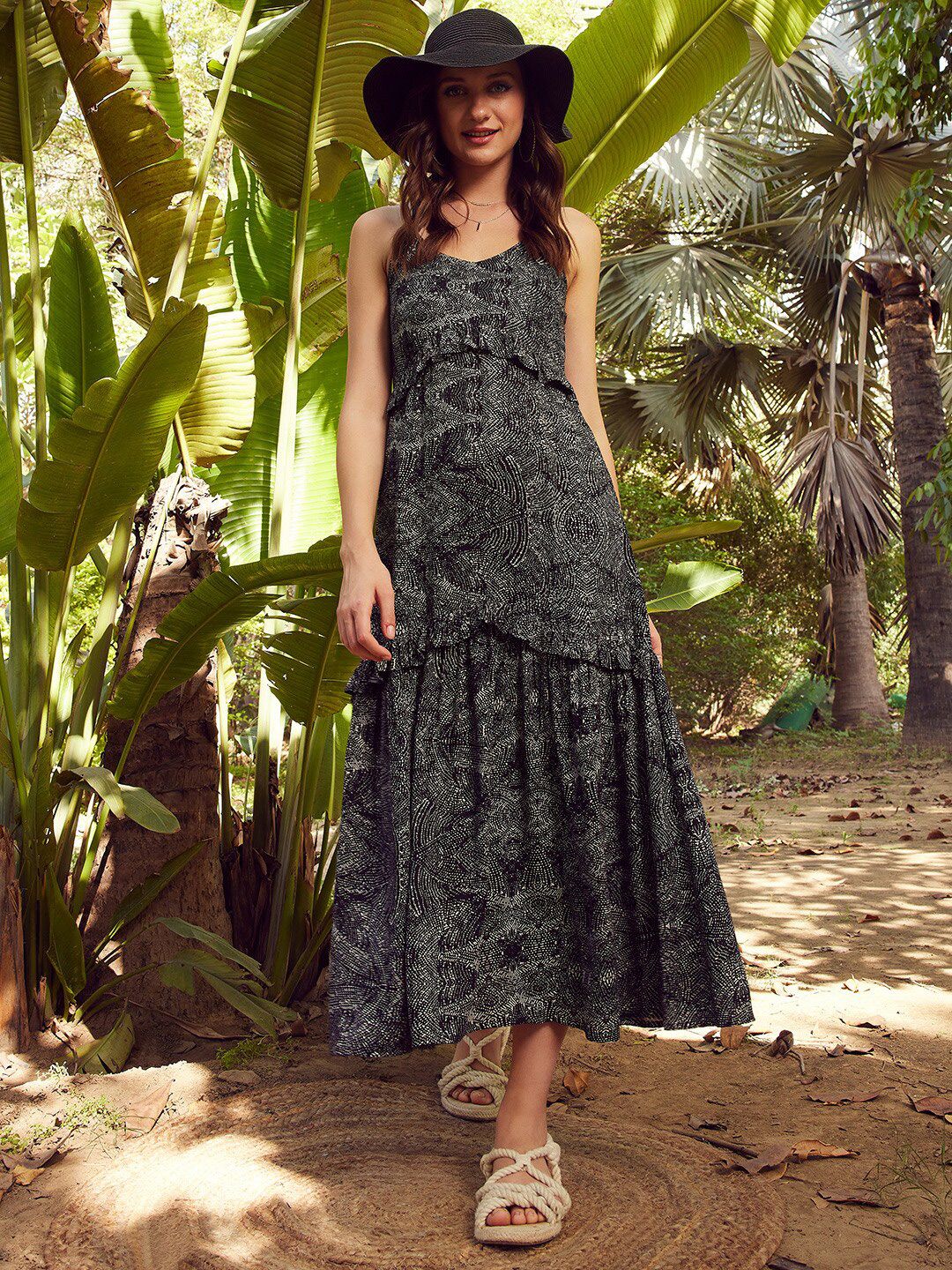 STREET 9 Black & White Printed A-Line Midi Dress