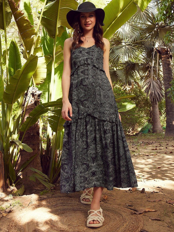 STREET 9 Black & White Printed A-Line Midi Dress